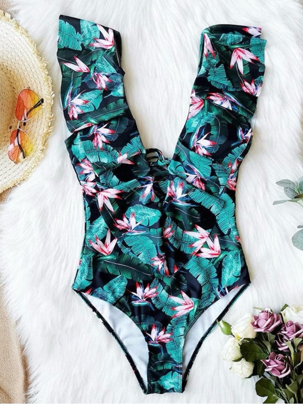 Tropical Ruffle One-Piece Swimsuit - Size Large - Picture 2 of 5